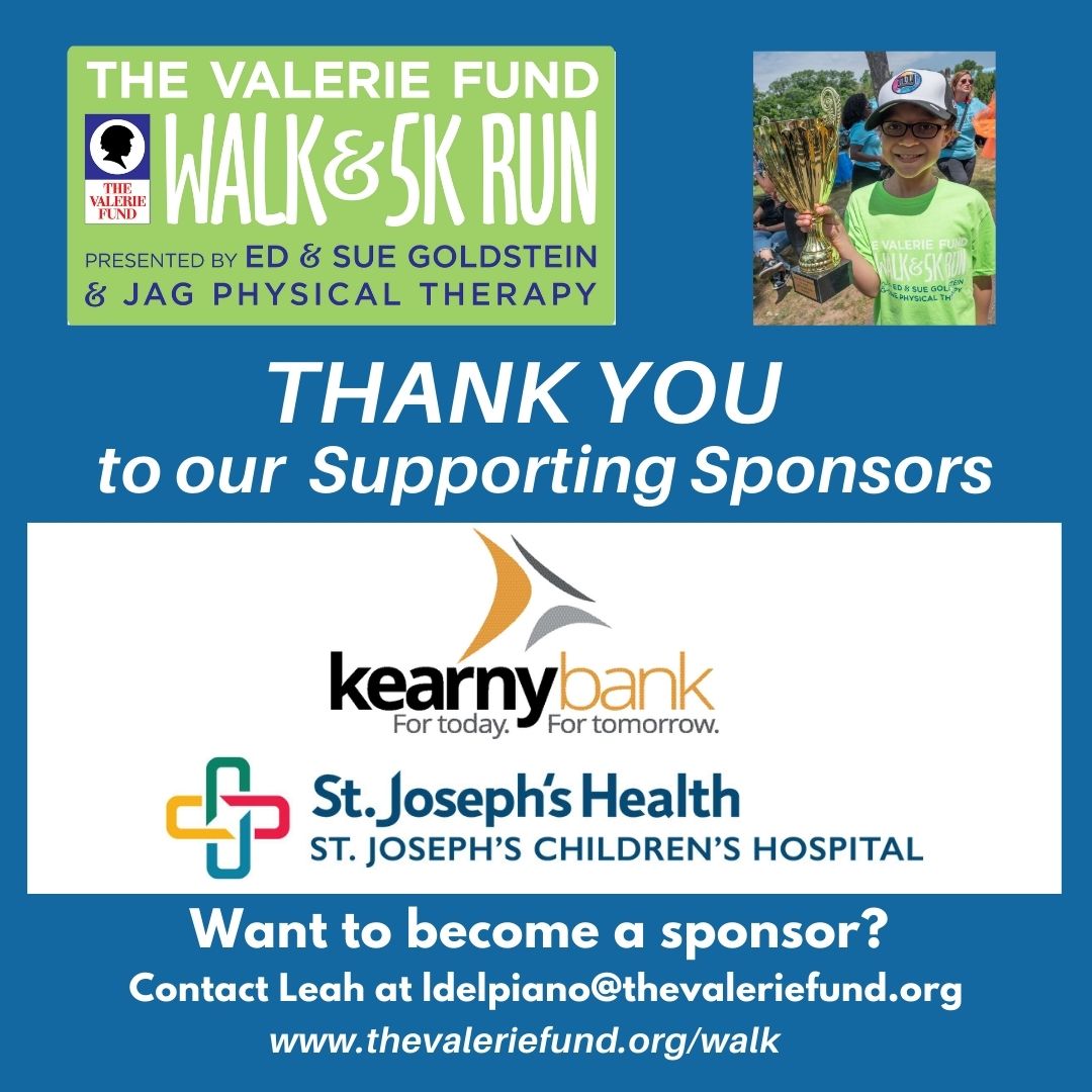 Thank you to Kearny Bank and St. Joseph's Health. Your support helps us deliver our mission of providing psychosocial support for kids battling cancer and blood disorders. 

#TVFWalkSponsor #Thankyou #Gratitude #TheValerieFund #PediatricCancer #BloodDisorders #Sponsorpost