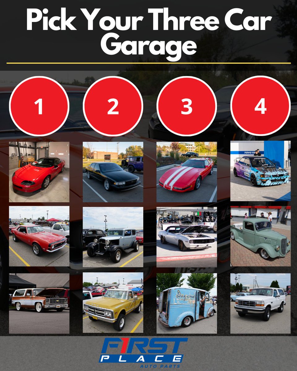 firstplace_auto's tweet photo. Choose your 3 car garage lineup
------------------------
Find parts for your project at https://t.co/8JrjplRTwk or click our bio link.
#FPAP #classiccars #musclecars #holleybrands #holleyefi #trifive #nova #mustang #chevy #mopar #carparts #lowered #squarebody #obstrucks #sedan https://t.co/pk6rm9x6VI