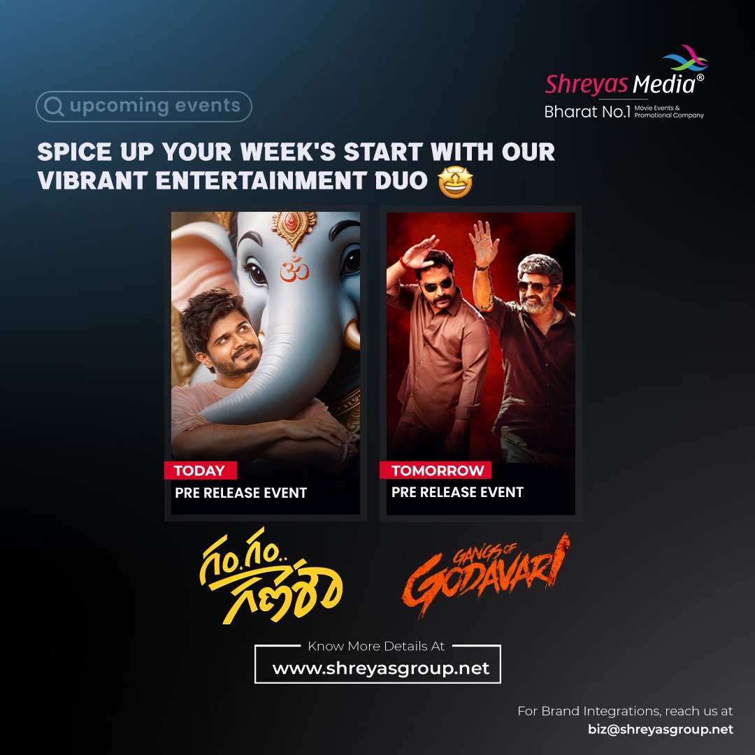 Start your week off right with our back to back exhilarating events 🥳💥 Click here to join for exclusive updates: 🔗 shreyas.media/WA Massive Events & Promotions by @shreyasgroup✌️ For More Updates, Follow shreyasgroup.net #GamGamGanesha #GangsofGodavari