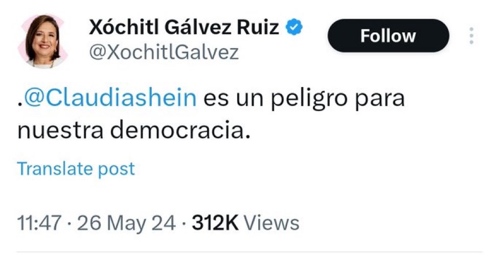 Ayer, Xóchitl Gálvez dijo que Claudia Sheinbaum es un peligro para la democracia, pero la que tiene un absoluto rechazo de la gente, es ella. O no sabe qué es la democracia, o lo que no le gusta es que la gente la haya enviado al último lugar en las preferencias electorales.