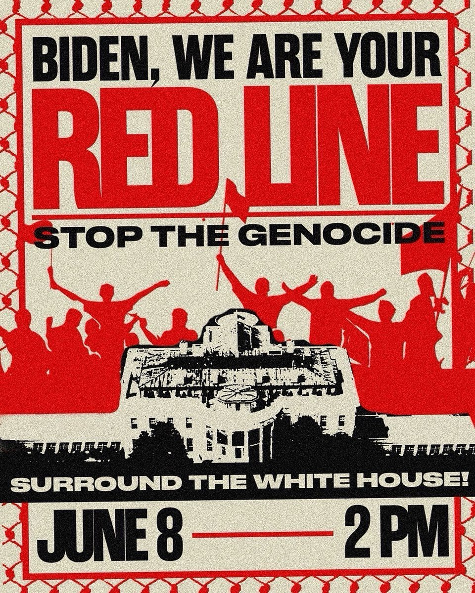 @ousmannoor June 8 at 2pm, in DC. Wear Red. We are the Red Line to stop Rafah Massacre, Genocide in Gaza. Shut it ALL down to stop the genocide! #GeneralStrikeNow! #ShutItDown4Palestine