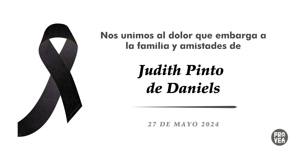 Lamentamos el fallecimiento de Judith Pinto de Daniels, madre de Alí Daniels, defensor de derechos humanos y codirector de la ONG venezolana, @AccesoaJusticia. Expresamos nuestras condolencias y solidaridad a sus familiares, amigos y personas cercanas. Paz a sus restos