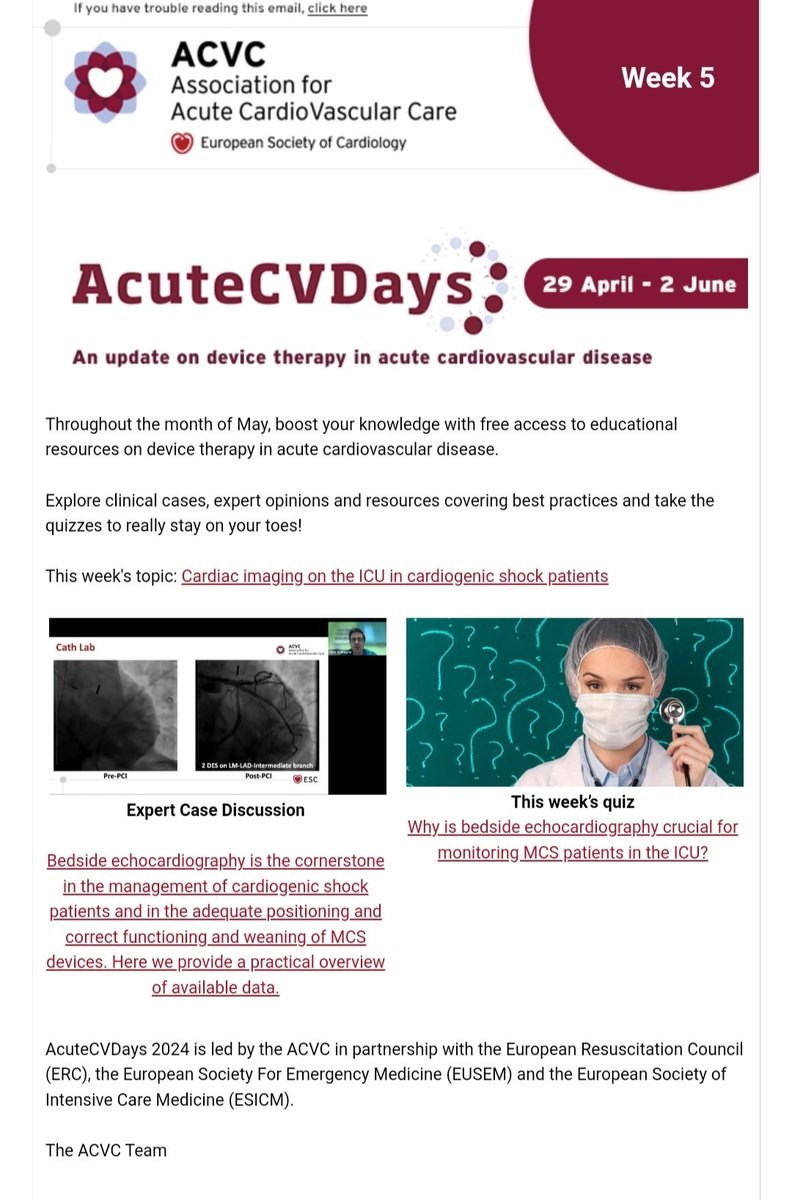Did you enjoy free #AcuteCVDays resources ? LAST week starts NOW - and the final topic is 🔥🔥 ⬇️ Cardiac imaging in #CardShock Did you miss anything from previous 4 weeks ? You can still catch up by visiting our website 👇 escardio.org/Sub-specialty-… @escardio @CVandenbriele