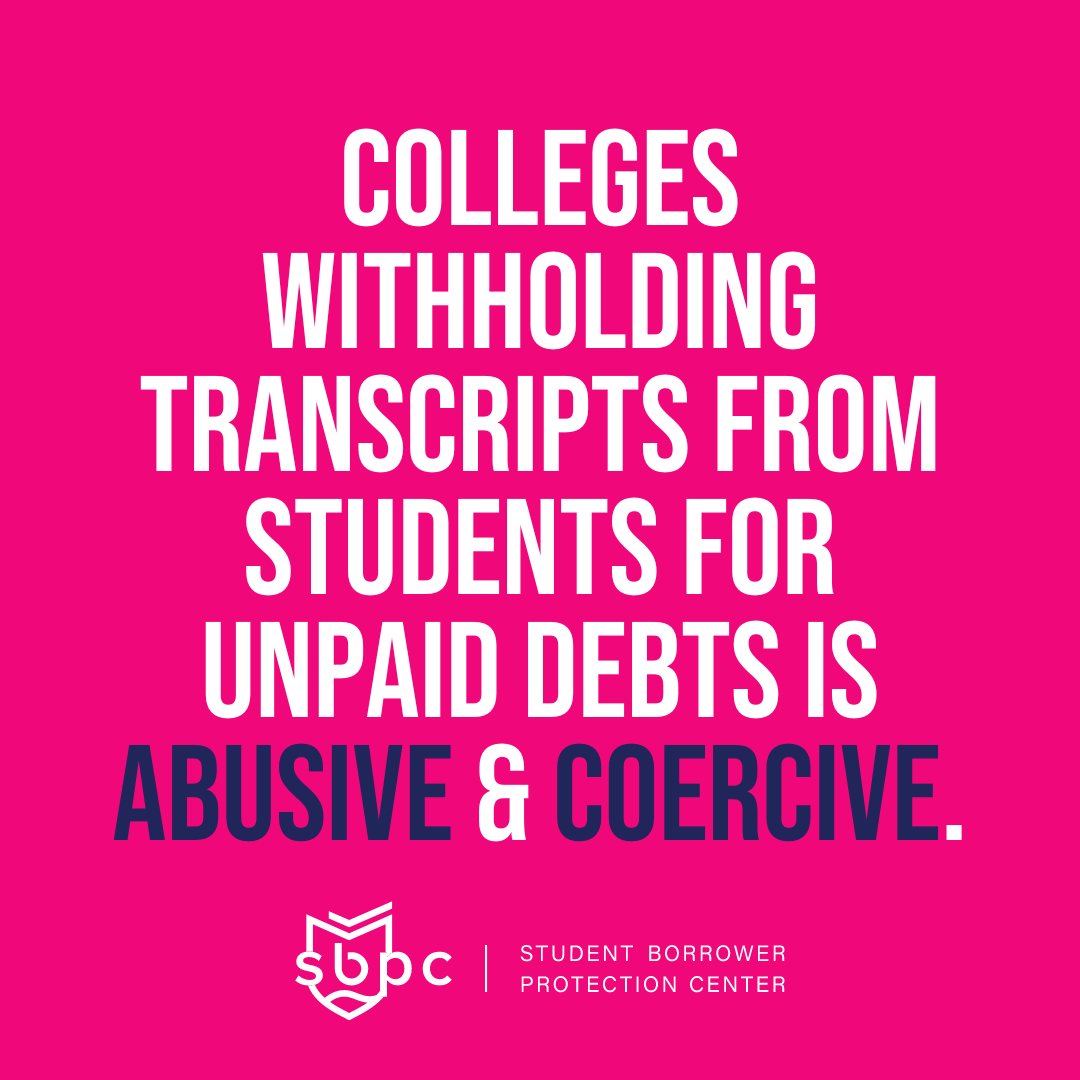 Colleges withholding transcripts from students for unpaid debts is 𝐚𝐛𝐮𝐬𝐢𝐯𝐞 and 𝐜𝐨𝐞𝐫𝐜𝐢𝐯𝐞.