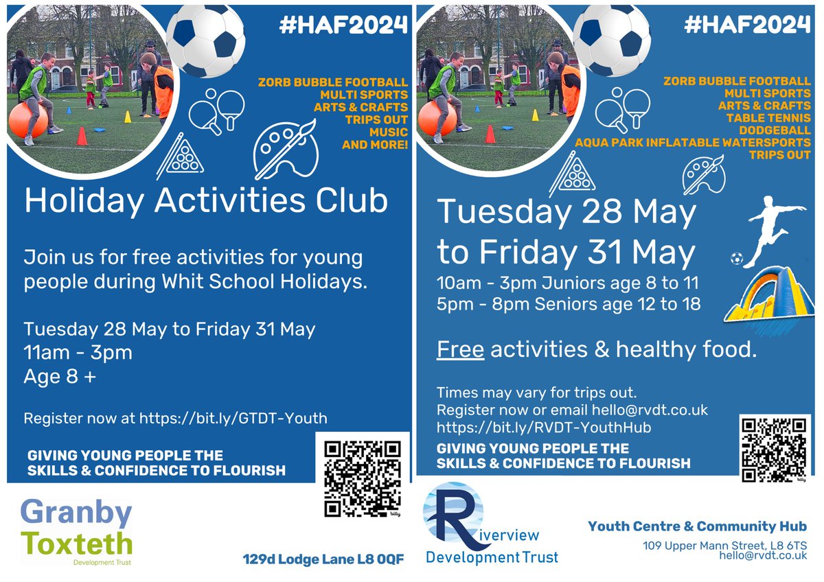 Register for FREE school holiday activities this week Tue 28-Fri 31 May. Sports, trips, arts & crafts, team games & more. Lodge Lane bit.ly/GTDT-Youth Riverview (Dingle) bit.ly/RVDT-YouthHub Pls share, we want to welcome lots of young people! #HAF2024