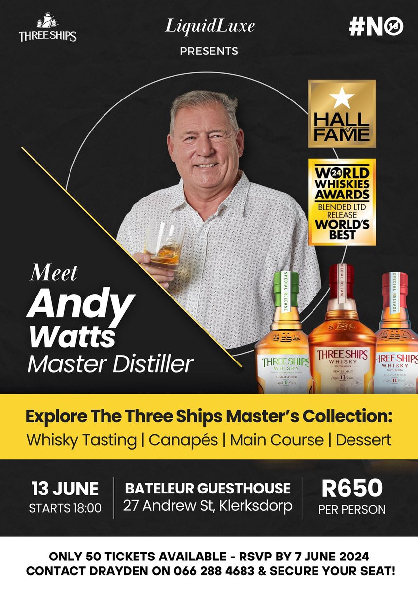 If you are in or around Klerksdorp, then come and join us on the 13th of June as we take a journey through some tried and tested @ThreeShipsSA favourites and three releases from the Masters Collection! #proudlySA 🇿🇦 #whisky 🥃