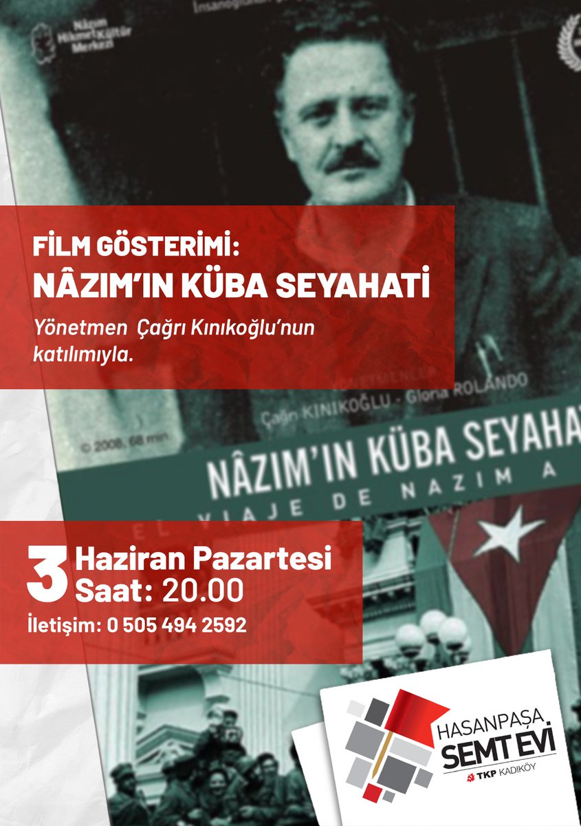 Saygın ve değerli dostlar, yoldaşlar 3 Haziran Pazartesi günü saat 20:00'da @HasanpasaSemtEv'imizde #NâzımınKübaSeyahati adlı belgeseli, filmin yönetmeni #ÇağrıKınıkoğlu (@CagriKinikoglu) ile birlikte izleyecek ve üzerine konuşacağız.

Bu davet kaçmaz, mutlaka bekleriz... 🎞️📝☕️