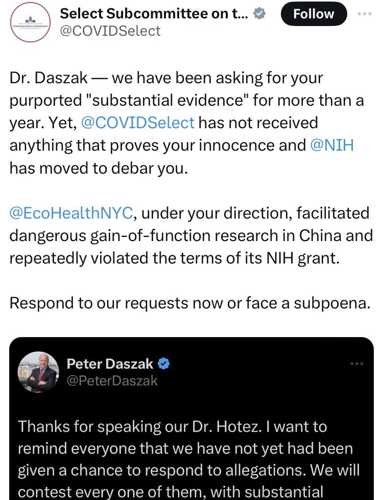 🔥The Covid Select committee just put Peter Daszak on notice. He’s disbarred—but apparently they’re not done with him yet.

“Respond to our requests now or face a subpoena”