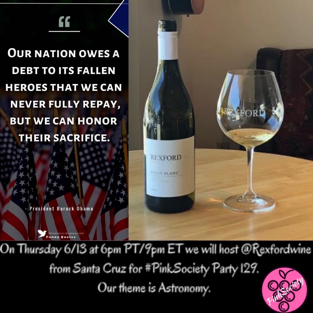 #HappyMemorialDay. Please DM us your astronomy pics. On Thursday 6/13 at 6pm PT/9pm ET we will host @Rexfordwine from Santa Cruz for #PinkSociety Party 129.  Our theme is Astronomy. @boozychef @jflorez @AskRobY @Kerryloves2trvl @SteveKubota @i_stephie