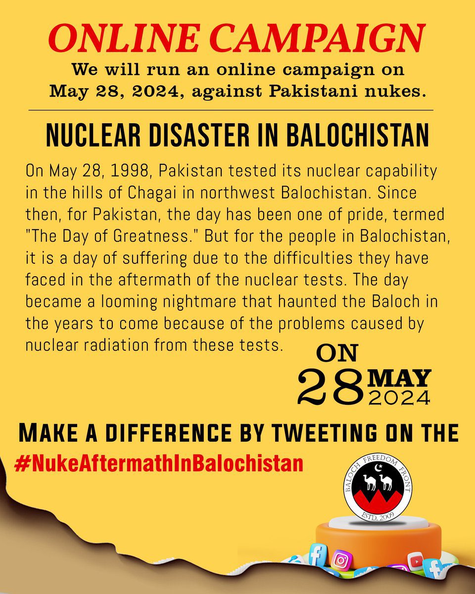 پاکستان نے 28 مئی 1998 کو چاغی میں ایٹمی دھماکے کئے اور تابکاری کی وجہ سے آج تک چاغی کے لوگ مختلف بیماریوں کا شکار ہیں لہٰذا کل جوش و خروش سے یوم تکبیر منانے کے ساتھ ساتھ ان افراد کے لئے آواز اٹھائیں کیونکہ آج تک حکومت نے انکے لئے کچھ نہیں کیا ہے #NukeAftermathInBalochistan