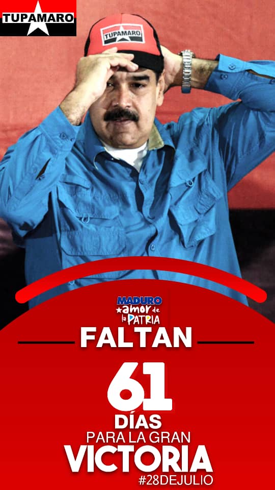 📢 ¡FALTAN 61 DÍAS! ✍🏼
#27Mayo

¿𝒀 𝒍𝒐𝒔 𝑻𝑼𝑷𝑨𝑴𝑨𝑹𝑶𝑺 𝒅𝒐́𝒏𝒅𝒆 𝒆𝒔𝒕𝒂́𝒏? 
¡𝑨𝒑𝒐𝒚𝒂𝒏𝒅𝒐 𝒂 𝑵𝒊𝒄𝒐𝒍𝒂́𝒔! 🚩🏴

¡Nuestro pueblo está listo para otra Gran Victoria el próximo 28 de julio!

<a href="/NicolasMaduro/">Nicolás Maduro</a>
#NicoLike