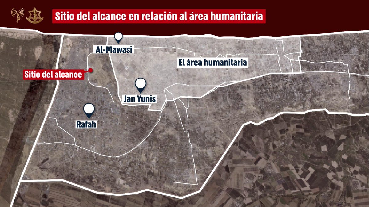 Anoche, la FAI llevó a cabo un alcance preciso basado en inteligencia, que tuvo como objetivo a terroristas de alto rango de Hamás en Tal as Sultan. El alcance no tuvo lugar en el área humanitaria de Al-Mawasi. Esta es la zona donde realmente ocurrió el alcance: