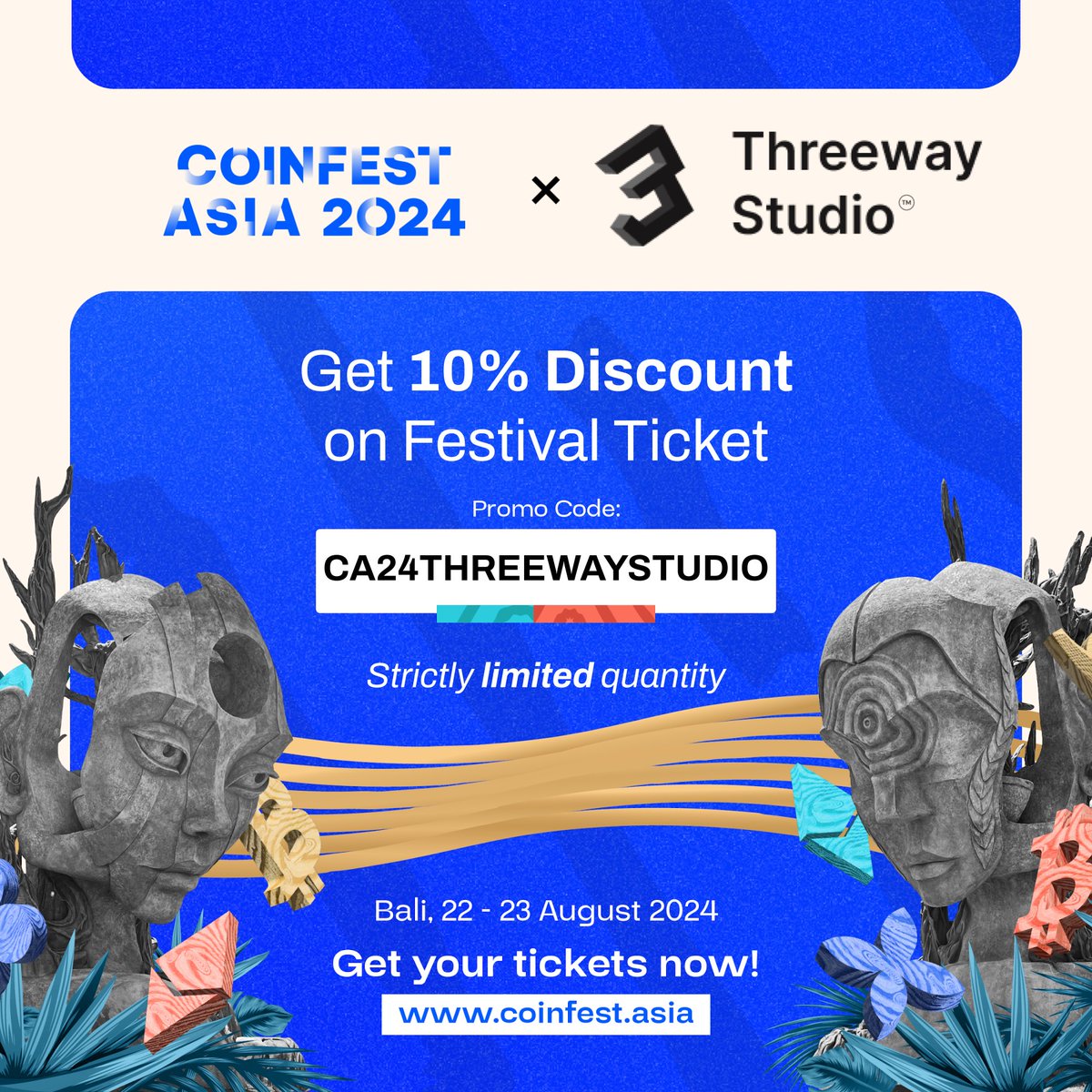 Exciting News🚀 @StudioThreeway is @CoinfestAsia 2024's Official Community Partner🤝 

Join us at Asia’s premier #Web3 festival & experience the future of #innovation

🎫 Grab your tickets now at coinfest.asia & use promo code CA24THREEWAYSTUDIO to enjoy 10% discount!🎉