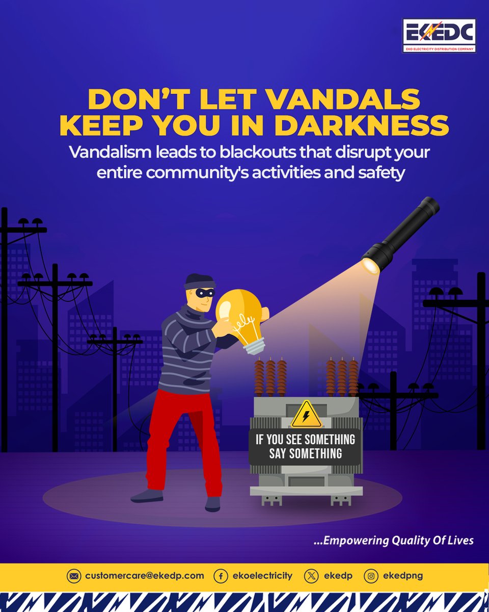 Vandalising electrical equipment leads to frustrating blackouts for everyone. Let's keep the lights on! Report any form of suspicious activity via our approved channels' #EKEDC #EmpoweringQualityofLives #StopVandalism #ElectricitySafety