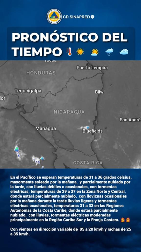 Válido de las 6:00 AM hasta las 6:00 PM del lunes 27 de mayo del 2024.

Una vaguada desplazándose  desplazándose entre el Sureste  de México, el  Norte de Centroamérica y el Noroeste de Nicaragua.

 #SinapredSomosTodos  #PrevenirEsVivir