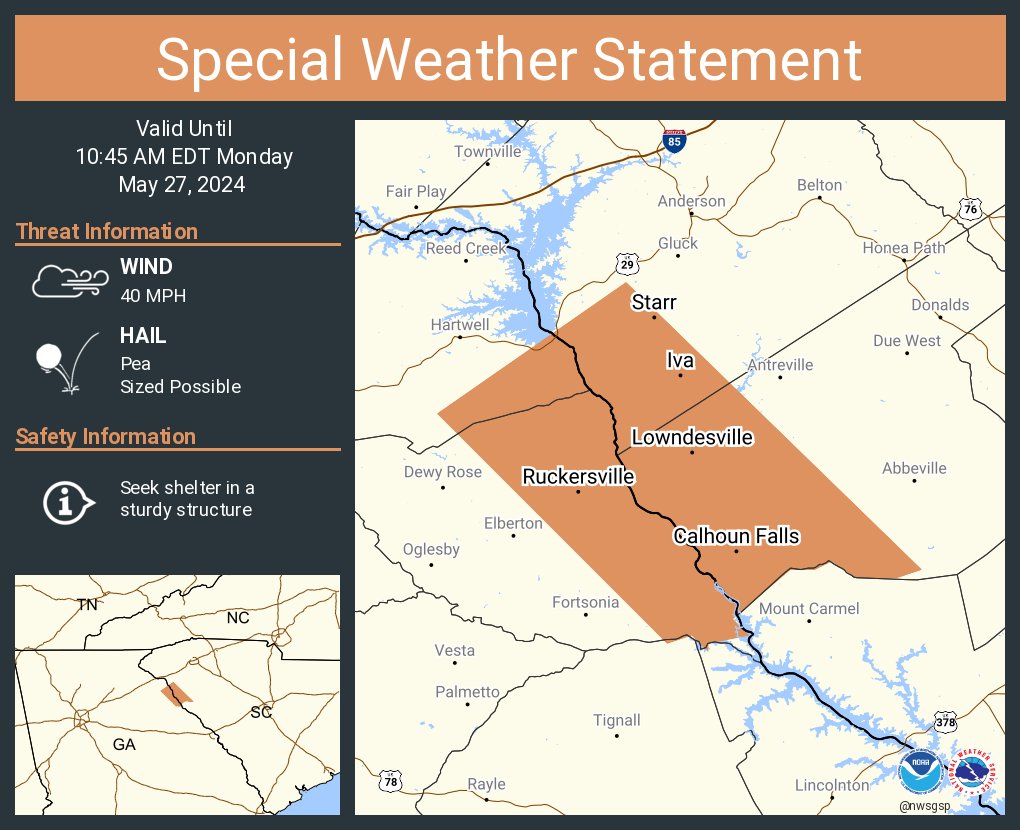 A special weather statement has been issued for Calhoun Falls SC, Iva SC and Starr SC until 10:45 AM EDT