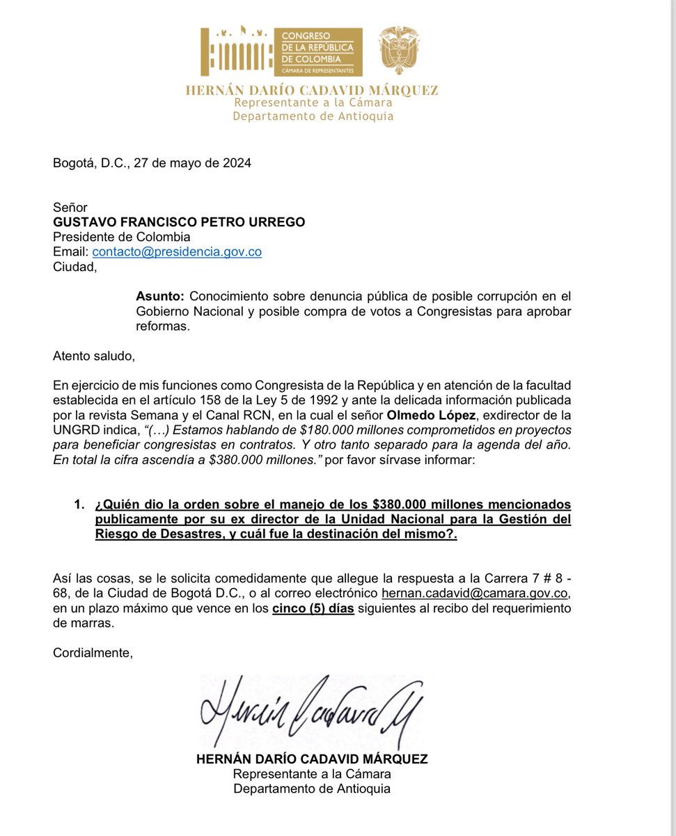 Le pregunto directamente a @petrogustavo ¿Quién dio la orden sobre el manejo y destinación de 380 mil millones de pesos? Espero su respuesta La ley le otorga 5 días de plazo para hacerlo