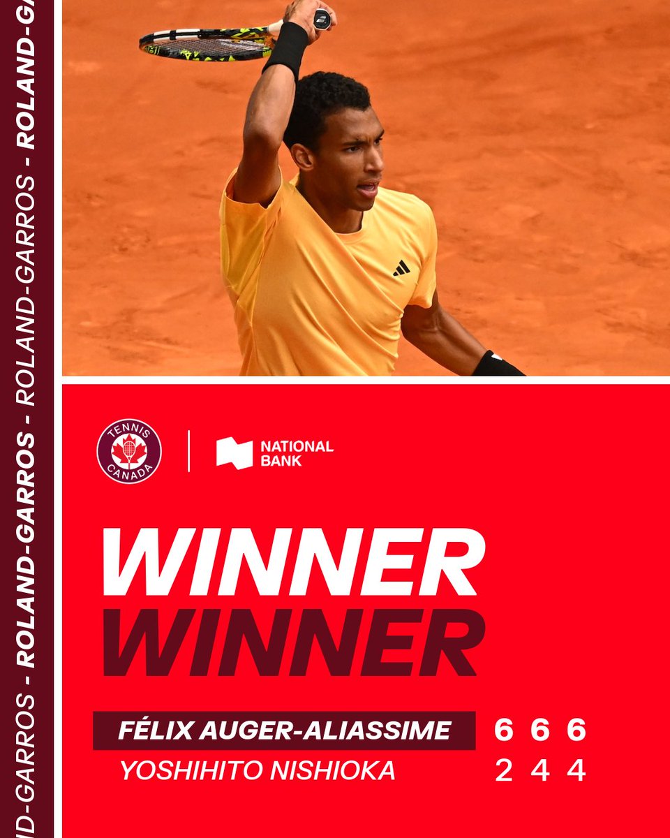 🇨🇦Felix is off and running in Paris 💪

@felixtennis cruises past Nishioka into the second round of @rolandgarros 

@nationalbank