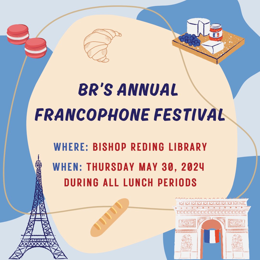 Mlle / Ms. Belmonte (@mlle_belmonte) on Twitter photo BR’s annual Francophone Festival - May 30, 2024
Join us in the library during your lunch period to learn about francophone cultures around the world ✈️ #FrancoFest2024
<a href="/MmeLHurst/">Lindsay Hurst</a> <a href="/BishopReding/">Bishop Reding</a> <a href="/HCDSBFrench/">HCDSBFrench</a> BR’s annual Francophone Festival - May 30, 2024
Join us in the library during your lunch period to learn about francophone cultures around the world ✈️ #FrancoFest2024
<a href="/MmeLHurst/">Lindsay Hurst</a> <a href="/BishopReding/">Bishop Reding</a> <a href="/HCDSBFrench/">HCDSBFrench</a>