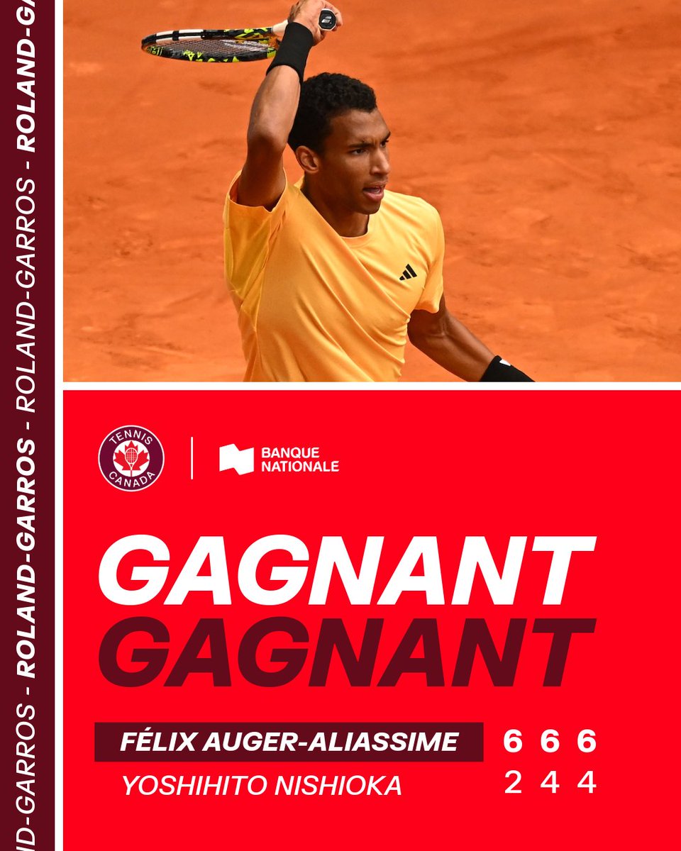 🇨🇦 Bon départ pour Félix à Paris 💪

@felixtennis a aisément disposé de Nishioka pour atteindre le deuxième tour de @rolandgarros 

@banquenationale