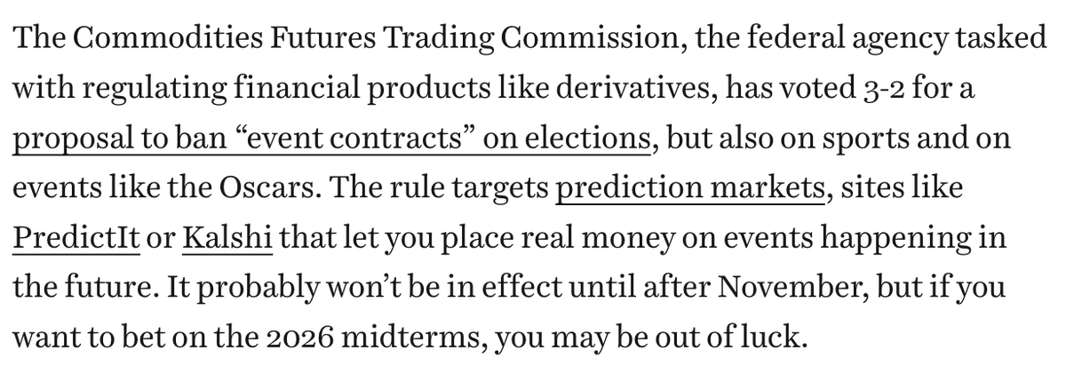 ABTestingAlpha's tweet image. cftc banning event contracts reveals some nature of POSIWID wrt to classes of memecoins (tremp/boden, euro cup coins, etc.). despite regulatory effects to curb speculation, they simply push into new categories.

vox.com/future-perfect…