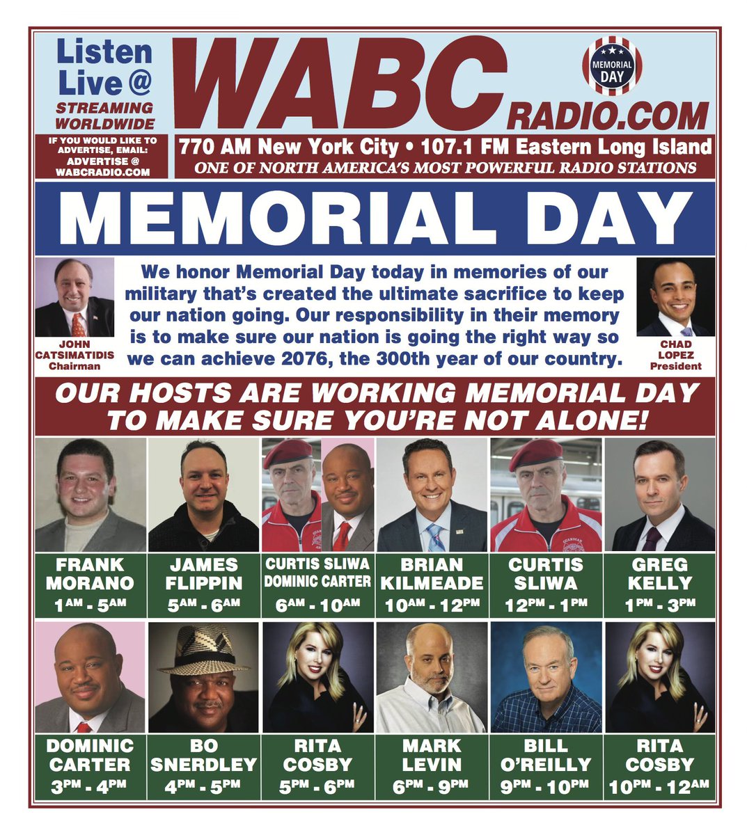 We honor Memorial Day today in memories of our military that’s created the ultimate sacrifice to keep our nation going. Listen to 77 WABC today on wabcradio.com or on the 77 WABC app.