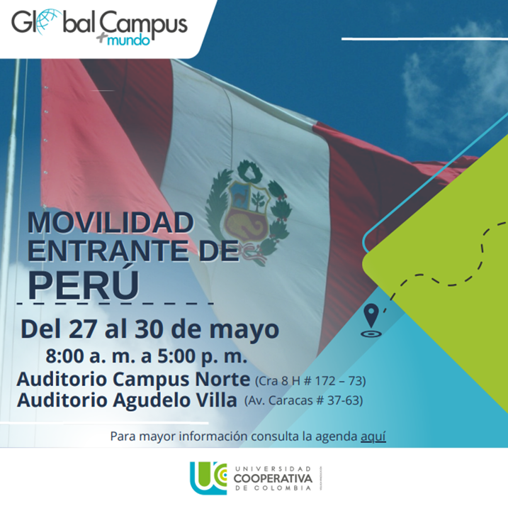 ¡Bienvenido Perú a la #UCCBogotá! 🇵🇪​💚​💙

📅​📍​Del 27 al 30 de mayo estaremos llevando a cabo un evento de movilidad entrante de Perú en nuestros auditorios del Campus Norte y Agudelo Villa.

Consulta la agenda aquí: acortar.link/2C1FHF

#GLOBALCAMPUS #UCCGLOBAL