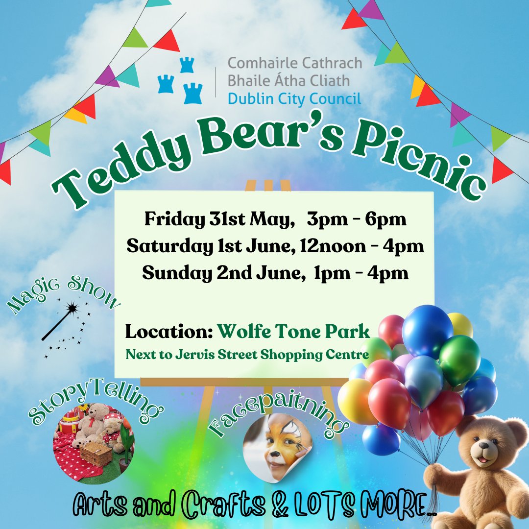 It’s picnic time! Grab your teddy and let’s make some unforgettable memories together. Join us at the Teddy Bear Picnic in Wolfe Tone Park this weekend! Enjoy a magical afternoon of fun and laughter… Free Event Not To Be Missed! #TeddyBearPicnic #TeddyBear #FamilyFun #FreeEvent