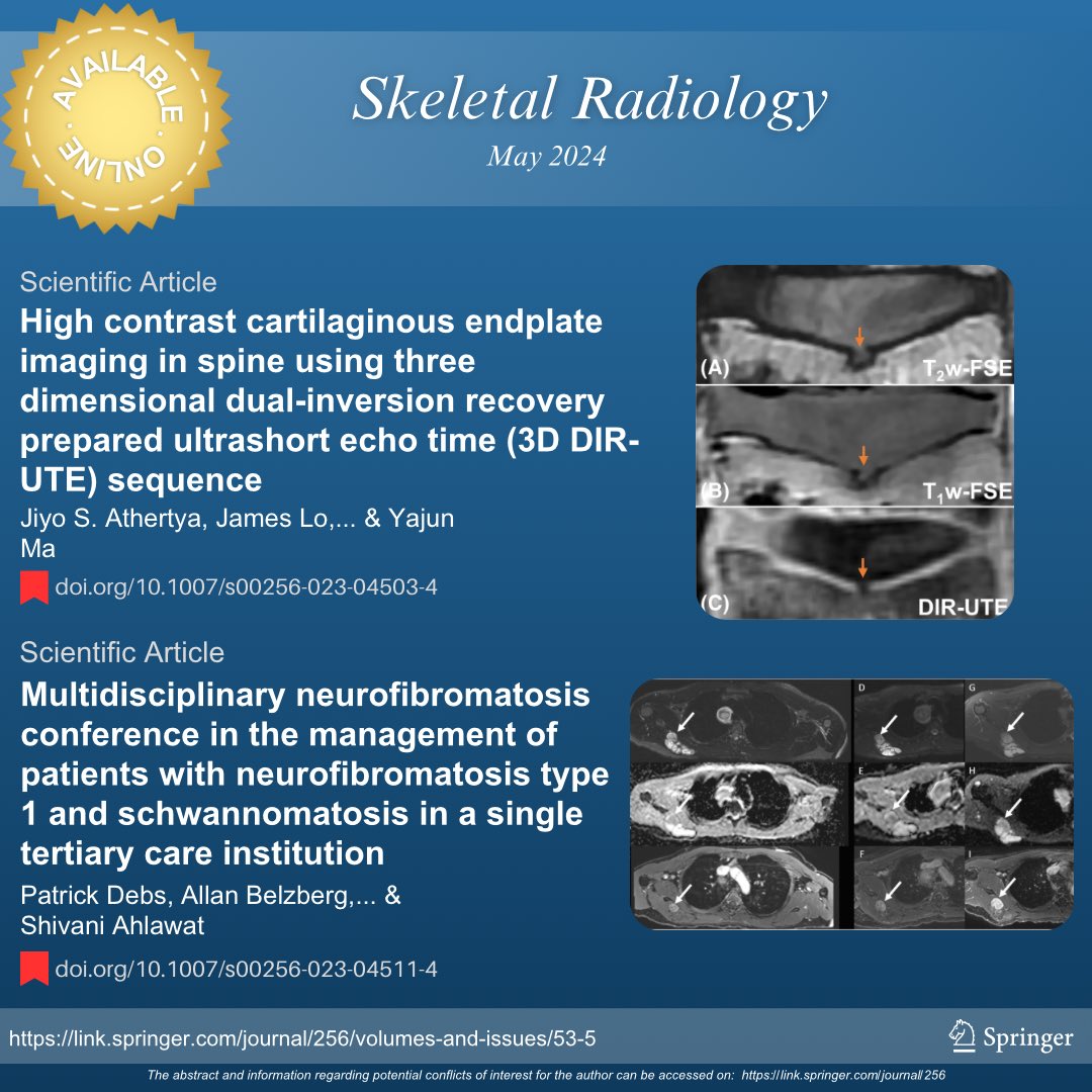 Access the May issue of the Skeletal Radiology Journal

To read the full articles, use the following links:

🔴 rdcu.be/dE86T

🔴 rdcu.be/dE860

#SkeletalRadiology #MSKrad #radres #orthotwitter #spine #pathology #orthopedics