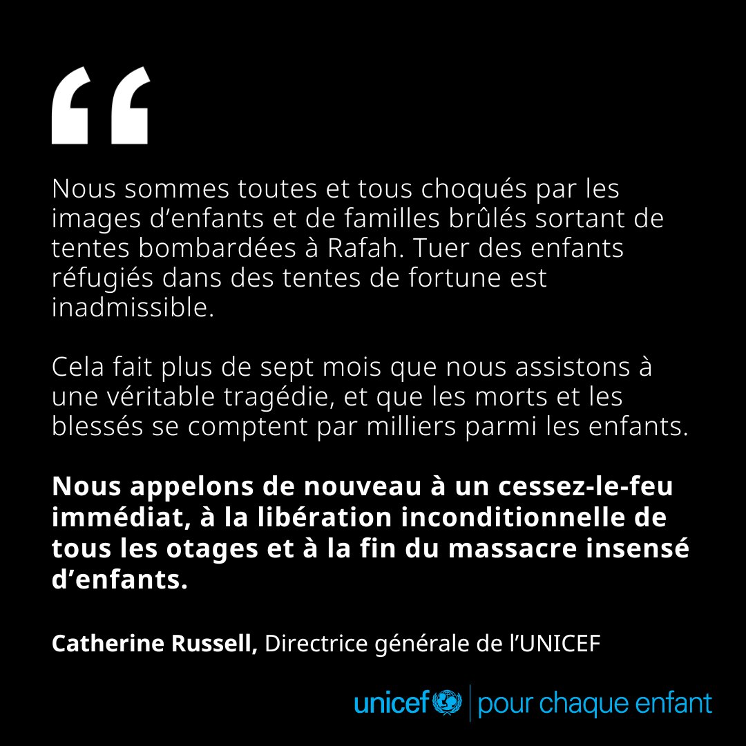 Nous le répétons encore une fois.

Un siège militaire et une incursion terrestre à #Rafah, dans la bande de #Gaza, représentent un risque catastrophique pour les enfants qui y sont réfugiés.