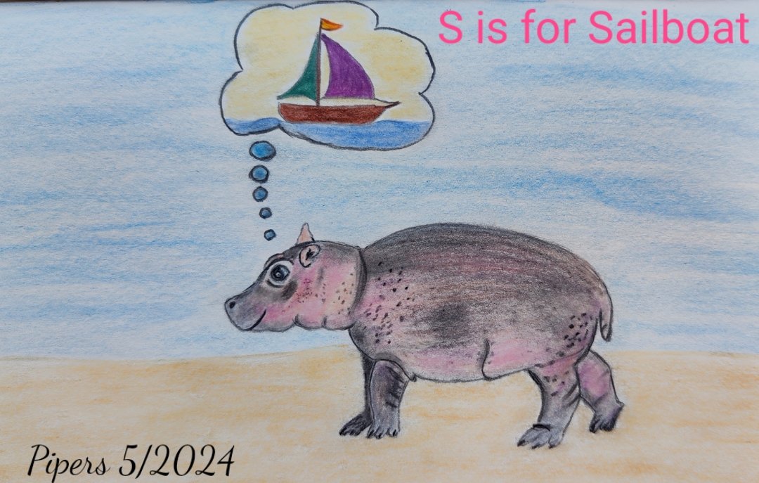 Though spending most of the time in the water hippos aren't good swimmers. Maybe that's why this little hippo dreams of a sailboat. 
S is for the Sailboat @AnimalAlphabets. Happy AAMonday everyone! 🦛⛵
#animalalphabets #hippo #illustration #pencildrawing #artchallenge #sailboat