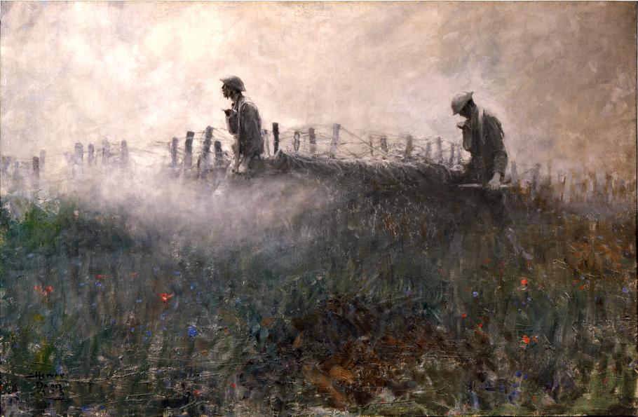 Today, we pay tribute to all those who gave their lives in military service to our country. #MemorialDay 🎨: 'On the Wire,' Harvey Thomas Dunn, 1918