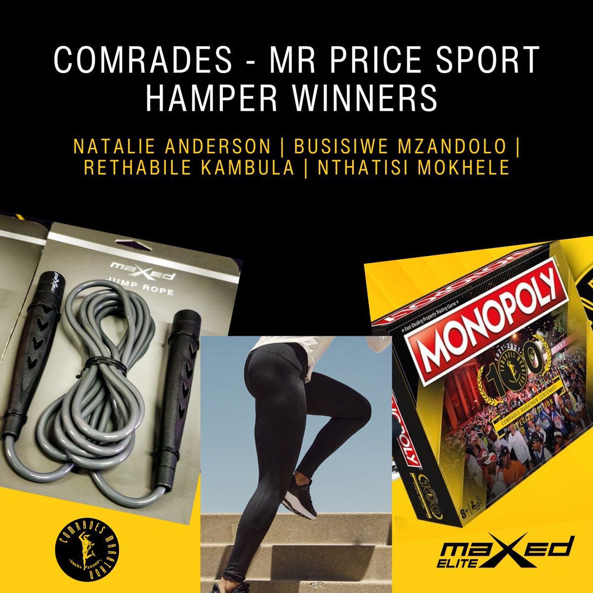 Congratulations to our last 4 #ComradesSuperFan competition winners of the Comrades/Mr Price Sport hamper. @kidsseetheGhosT Rethabile Kambula - Twitter Natalie Anderson Visagie - Facebook Nthatisi Mokhele & Busisiwe Mzandolo- Instagram #NoDoubt #Nakanjani