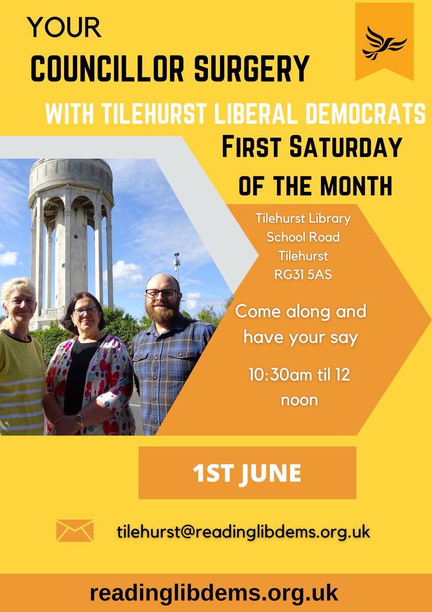 Your local Tilehurst Councillors are back this coming weekend with our monthly surgery - no appointment necessary, just turn up!