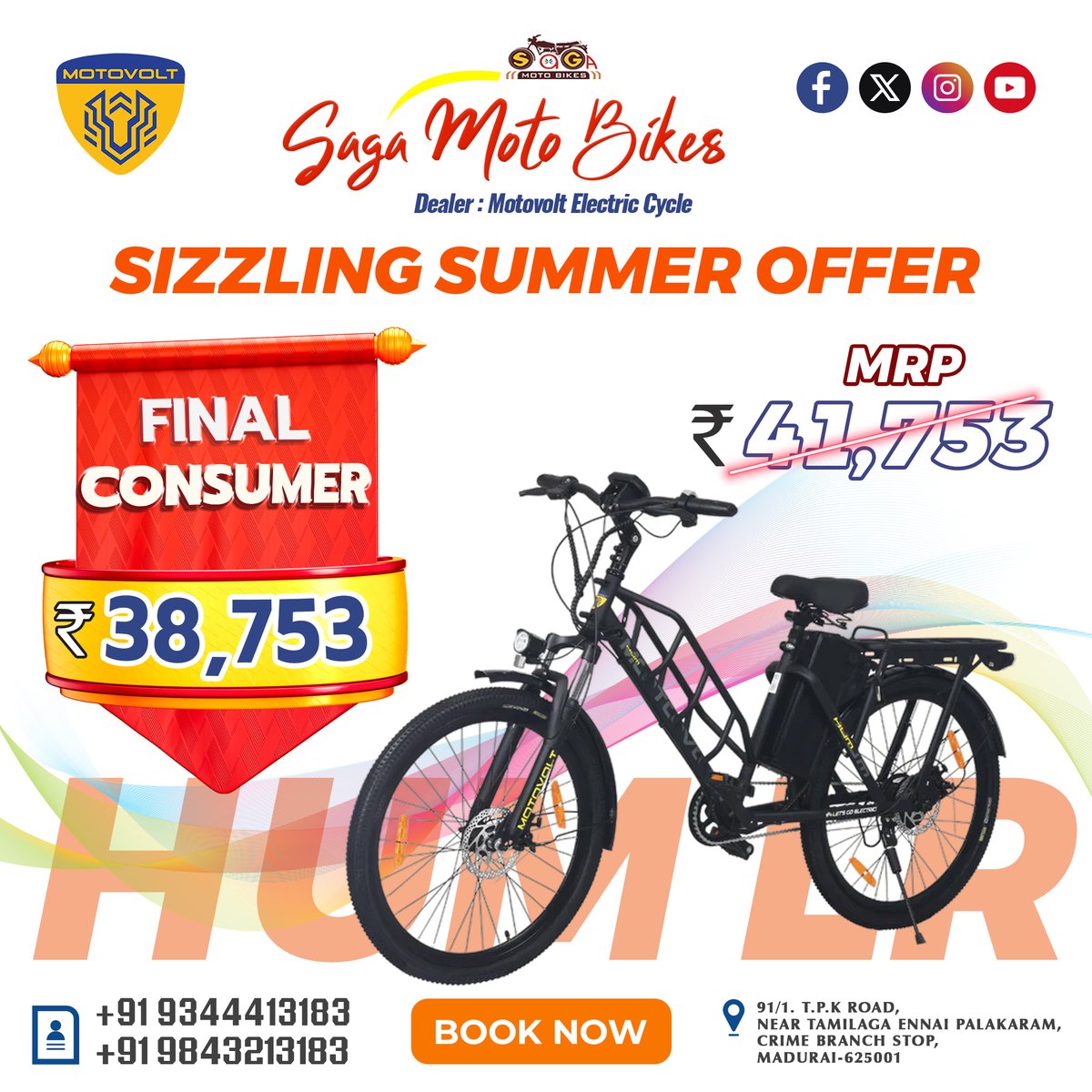 Sizzling Summer Offer - Saga Moto Bikes - Motovolt Electric Cycle - Madurai #serviceandwarranty #dealer #pedalassistmode #EnergyStorage #assistedbike #fastandflexing #improvefitness #ecofriendly #newtech #battery #urbn #safety #rideinfo #customersupport #performance #savings #tre