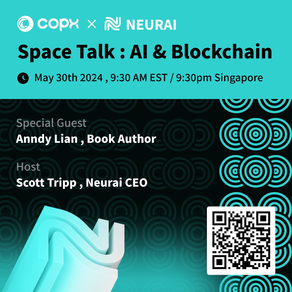 🎙️ We’re excited to host an engaging Twitter Spaces session: COPX x NEURAI: AI & Blockchain! 💡Join us to explore the cutting-edge integration of AI with blockchain technology and uncover the potential of @COPX_AI and NeurAI 🗓️ Save the Date: May 30th - 9:30 AM EST 🌐 Join us