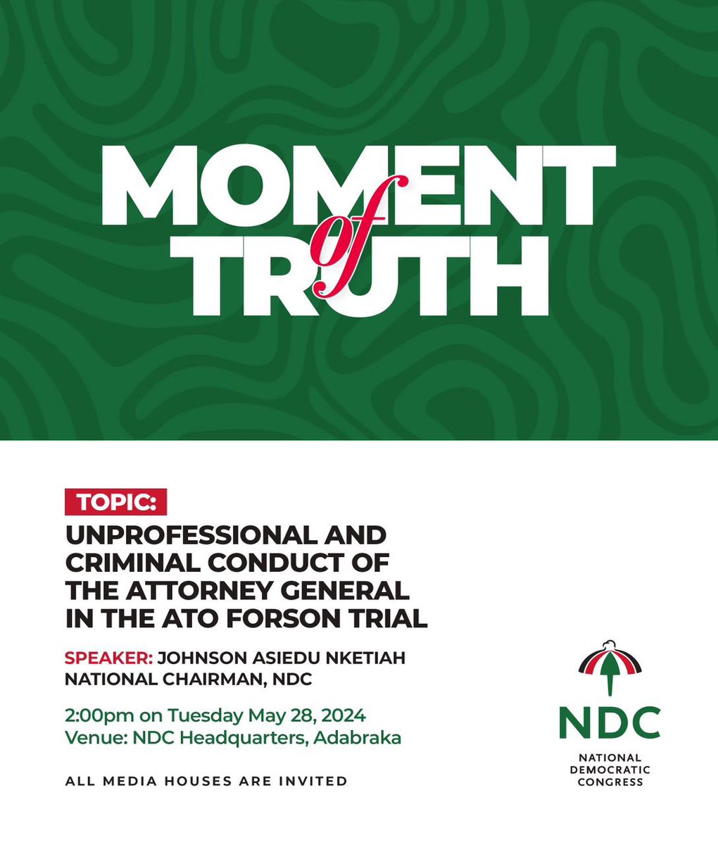 The much-anticipated press conference of the NDC on the AG’s unprofessional and criminal conduct in the Ato Forson trial comes off tomorrow, Tuesday, 28th May, 2024. Don’t miss it 🔥🔥🔥