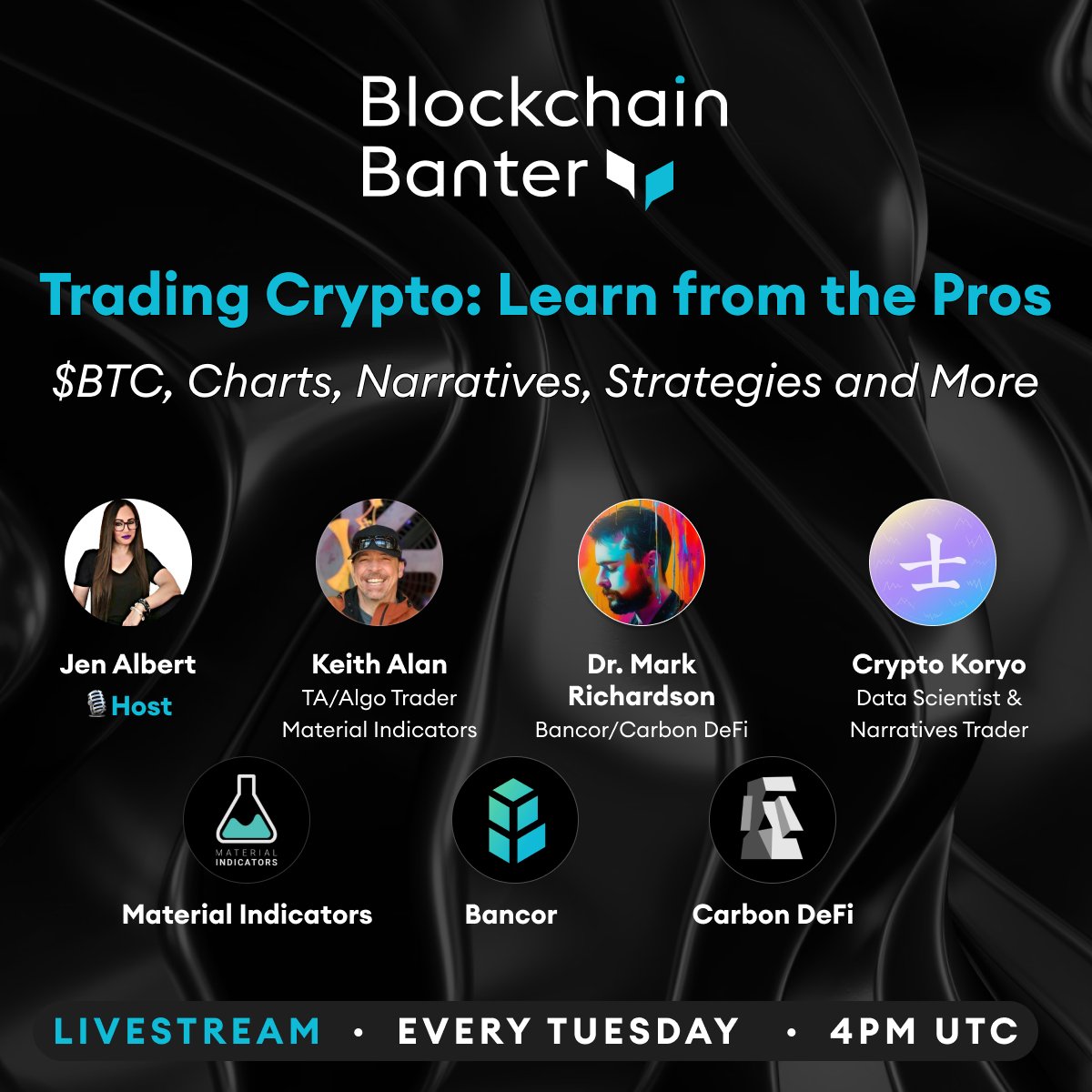 Get ready for some serious insights on Tuesday's 'Blockchain Banter: Trading Crypto' with @CryptoKoryo, @KAProductions of @MI_Algos, and @MBRichardson87 of @Bancor and @CarbonDeFixyz! Join the live stream, learn from the pros, and take your trading to the next level 💯