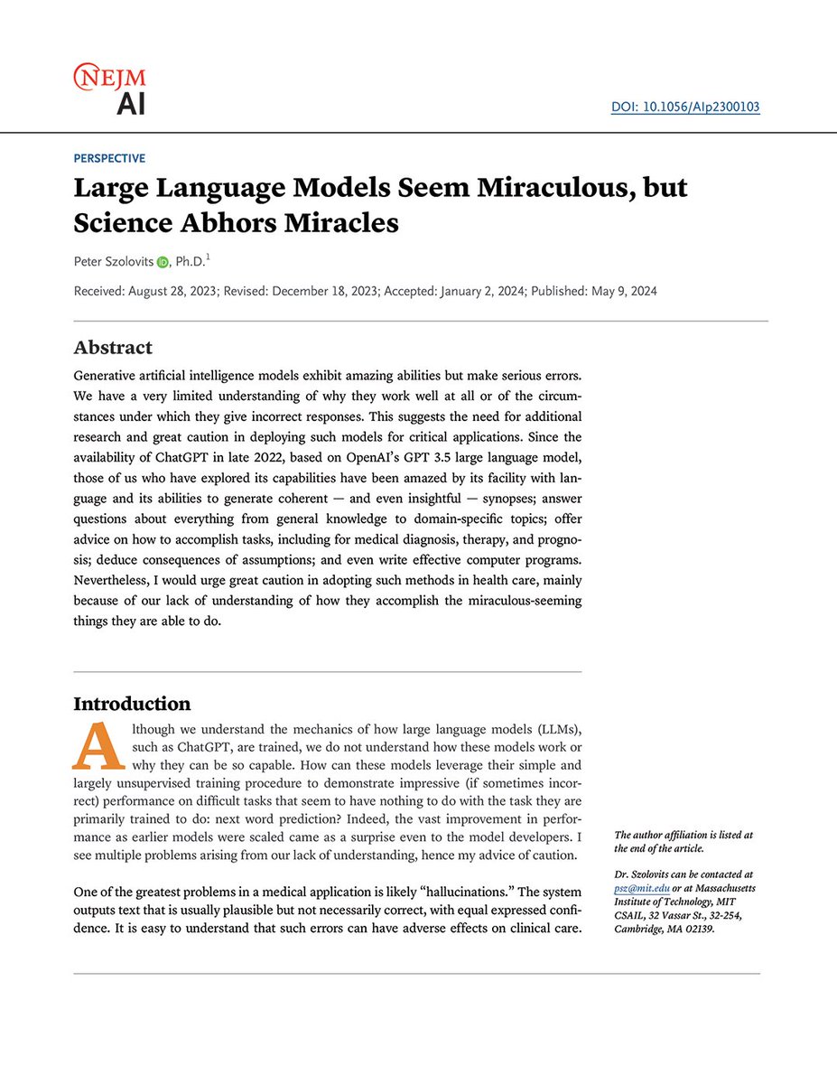 Perspective by Peter Szolovits, PhD: Large Language Models Seem Miraculous, but Science Abhors Miracles nejm.ai/4aqBIqe