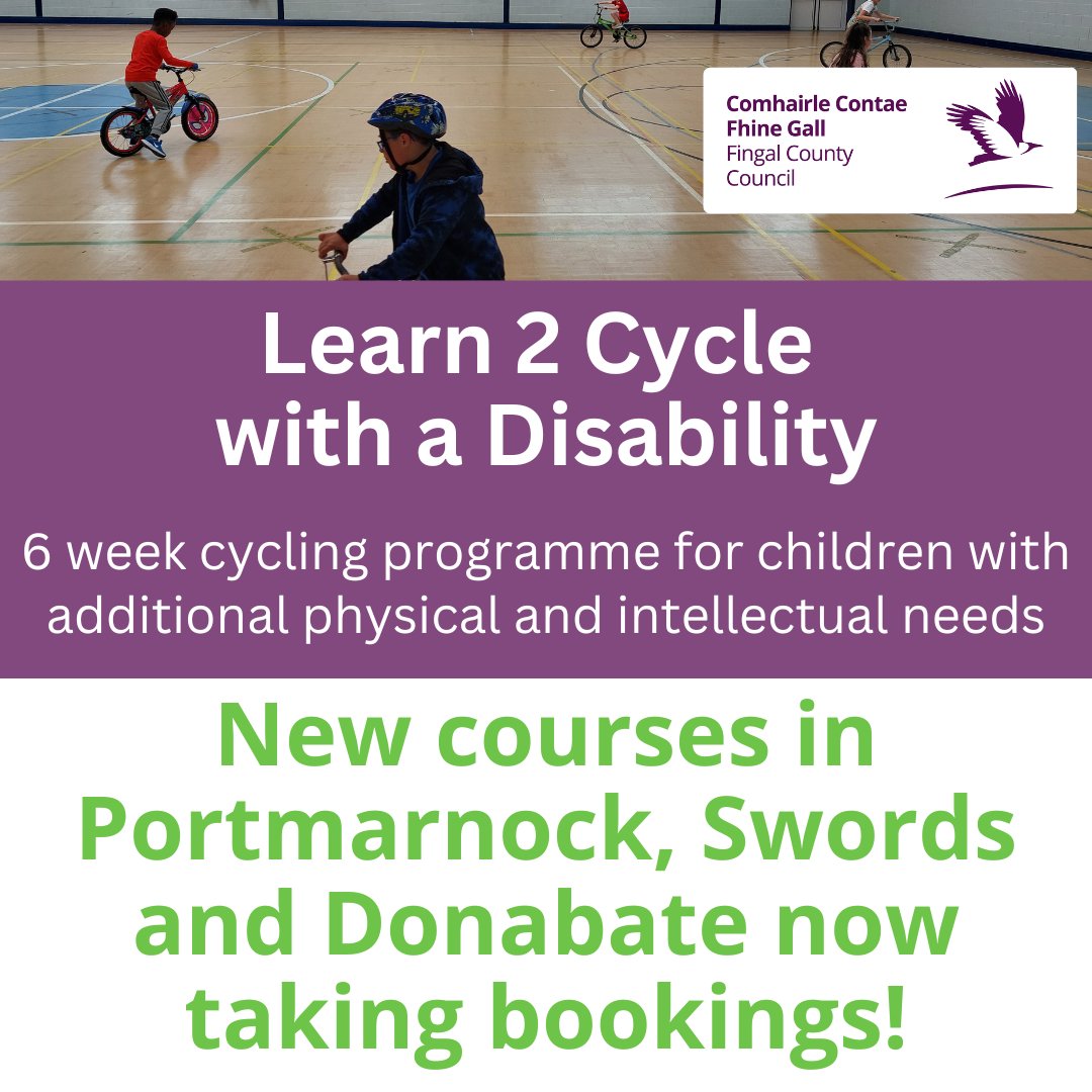 We've got 3 new Learn 2 Cycle With A Disability courses for children now available to book in Portmarnock, Swords and Donabate. Click here for dates and booking links for all courses: fingal.ie/activetravel/m… #MobilityMatters #ActiveTravel #kidsactivities #inclusionmatters