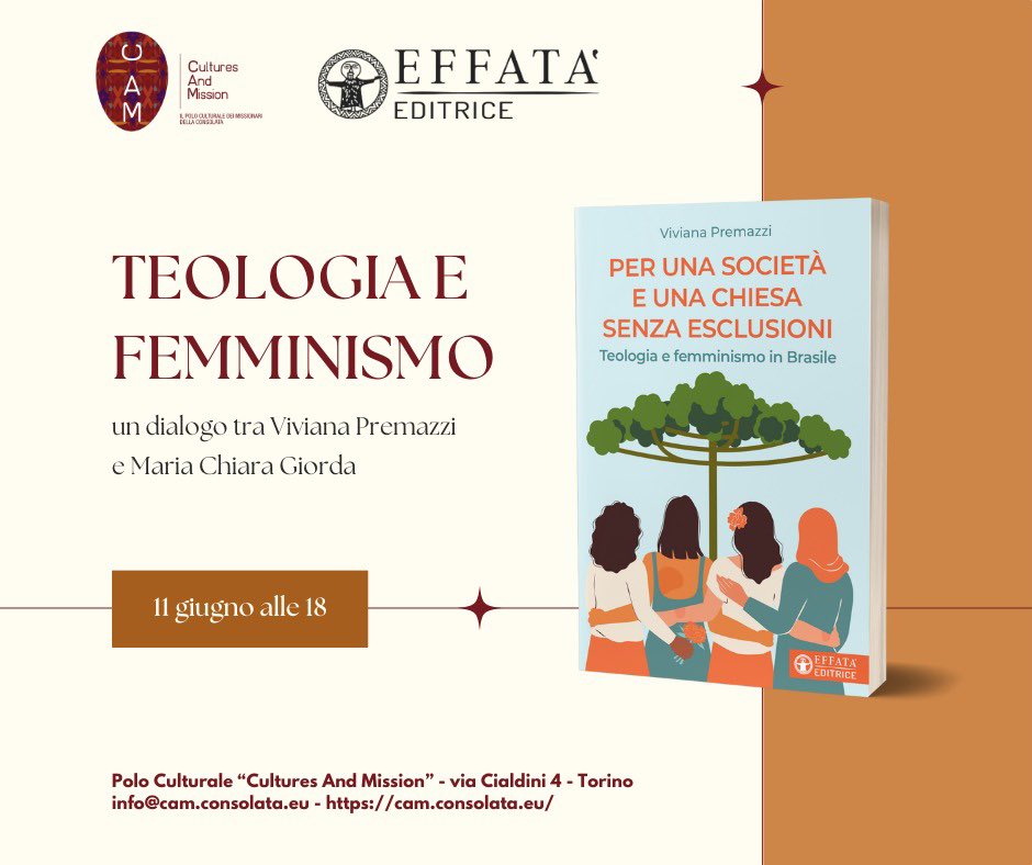 Un invito ad un evento a #Torino per l’11 giugno. Vi aspettiamo per dialogare di #teologia e #femminismo a partire da esperienze che hanno il sapore di #Brasile e che si intersecano con la vita quotidiana di tutti noi! Con <a href="/VivianaPremazzi/">Viviana Premazzi</a> e #MariachiaraGiorda