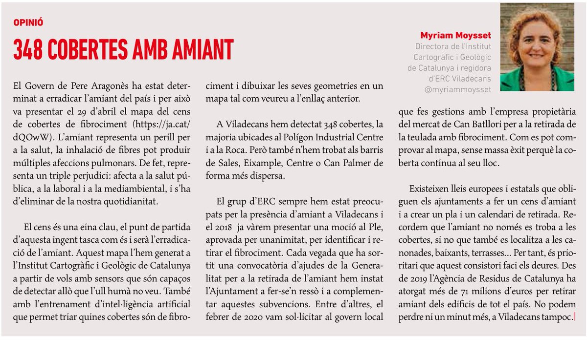 🟡 [OPINIÓ] '384 cobertes amb #amiant' és l'article de la directora de l'@ICGCat i regidora d'ERC #Viladecans @myriammoysset on explica el mapeig de cobertes amb #fibrociment i la feina que l'equip de govern té pendent des de fa anys per convertir-nos en ciutat lliure d'amiant 👇