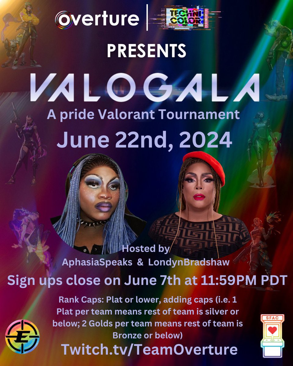 ✨VALOGALA✨
 
A PRIDE Valorant Tournament hosted by <a href="/AphasiaSpeaks/">Aphasia Speaks</a> &amp; <a href="/BradshawLondyn/">Londyn Lucshaw</a> 

This year @teamoverture/<a href="/TeamTechniPOC/">Team Technicolor</a> are teaming up to raise money for <a href="/Streamcause/">Stream for a Cause</a> !

 Sponsored by @enhanced_aim !

Sign ups close June 7th at 11:59PM

Form link:

forms.gle/EnVe7zBD5T94wD…