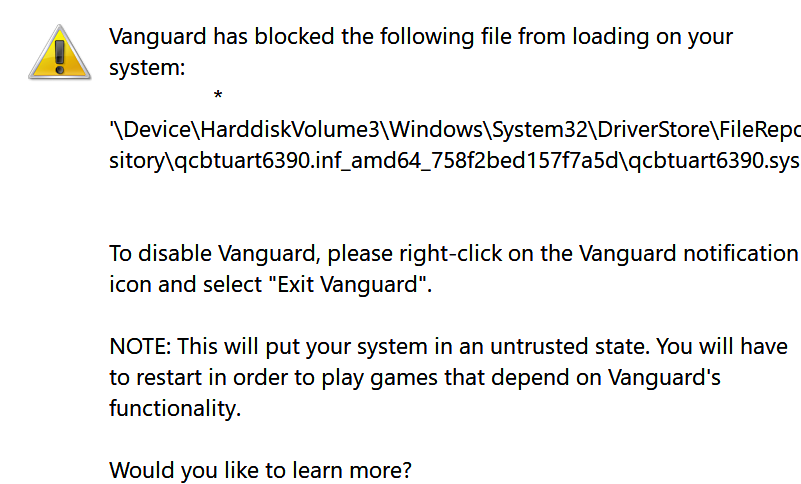 kbirger's tweet photo. @RiotSupport Why is your Vanguard malware rootkit blocking my Bluetooth driver? Maybe I should be asking myself a different question. Why am I allowing such toxic software to be installed onto my machine? https://t.co/Iad1DGb1aO