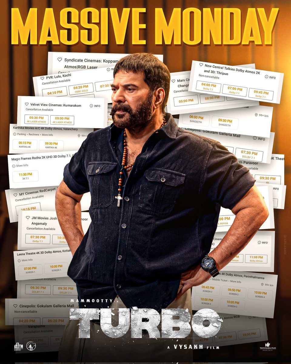 Josettayi is Unstoppable Even On Monday 👊🔥 Superb Bookings All Over for #Turbo Thank you all ❤️🙏 #Mammootty #MammoottyKampany #TurboMovie @mammukka