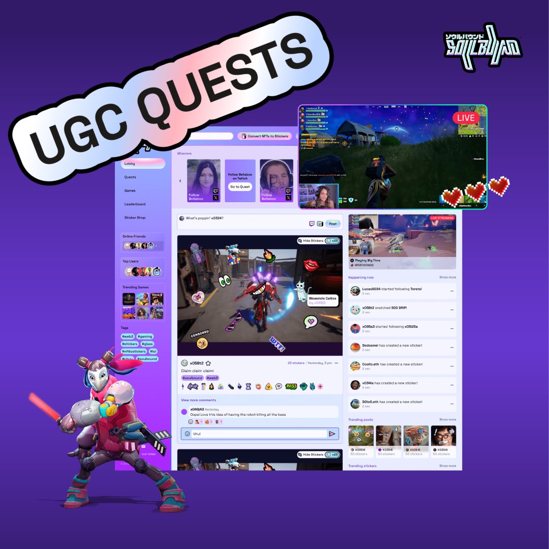 User generated content is easy to do! What’s better is that you can get paid to produce it.

Recording game play distributed out to a wide audience is what games want…so why not get paid for it? 

Soulbound is a platform for gamers, streamers and artist to do just that. 🙌