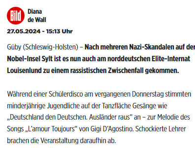 Deutschland den Deutschen wird auch an Elite-Internat Louisenlund in SH bei einer Schuldisco gesungen.

Das bekommen die jetzt nicht mehr weg. Je mehr sie versuchen, es zu verbieten, desto mehr wird es gesungen. 
Ich lach mir einen Ast🤣🤣🤣