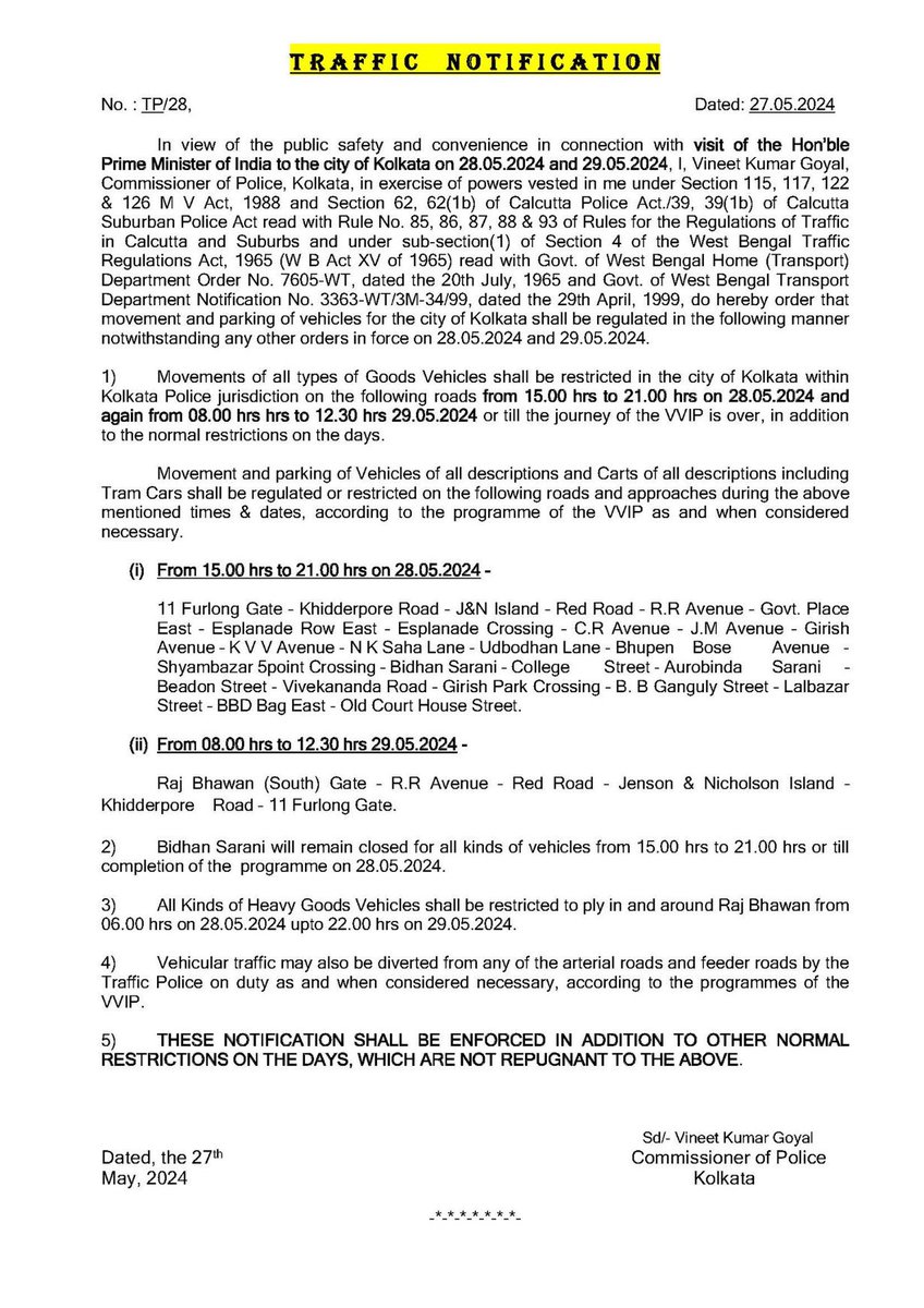 BJP has acquired the necessary permissions to hold the PM roadshow in kolkata- hence the advisory issued by the @KolkataPolice
