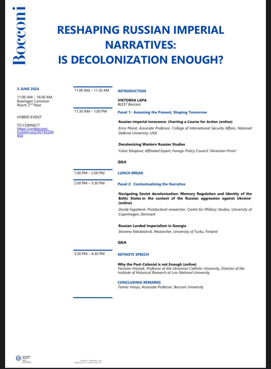 Save the date! Next Monday, June 3rd 2024, thanks to the support from @BlestBocconi we will discuss Russian imperialism and how to rethink its narratives with amazing experts from diverse backgrounds. Join via zoom if you wish.